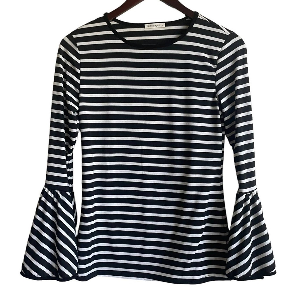 Regenbogen Women Boho Hippie‎ Mod Retro Striped Top S Black White Bell Sleeve